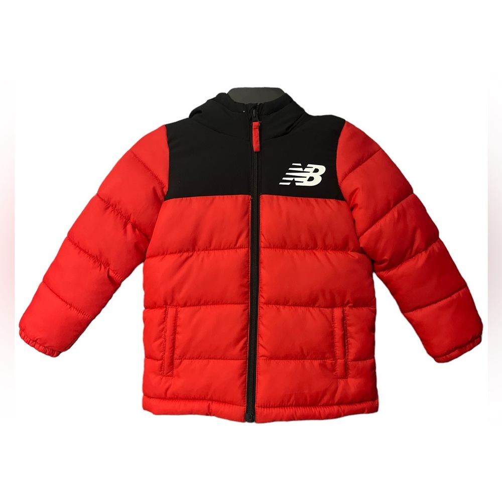 NEW BALANCE Red & Black Puffer Jacket For Toddler with hoodie